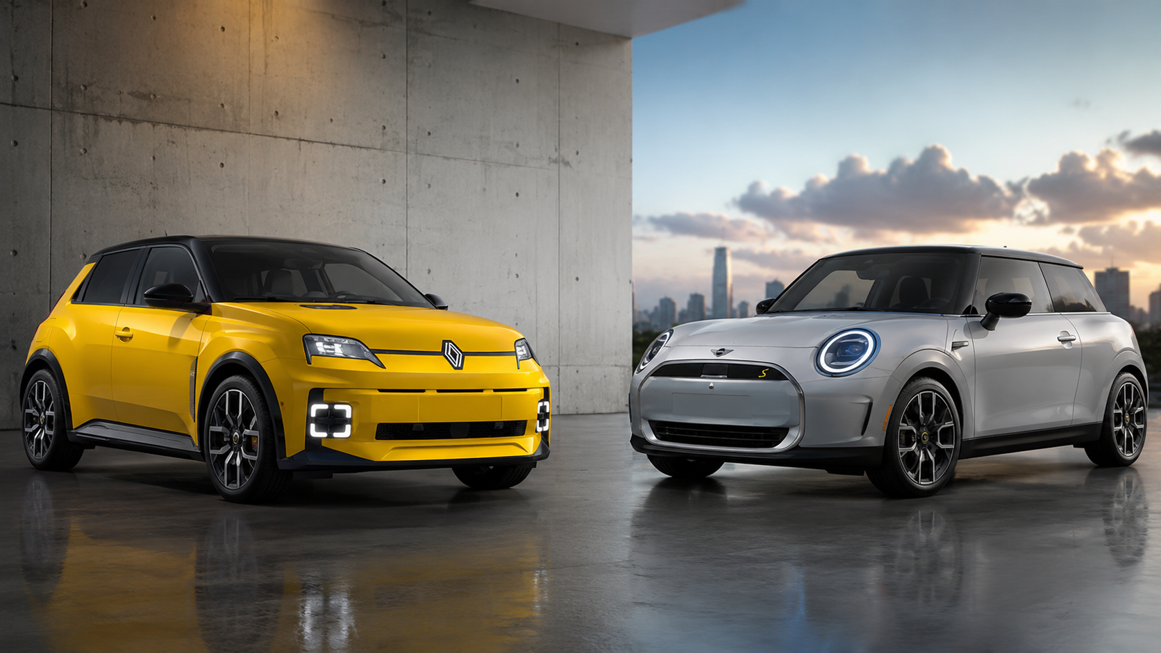 Renault 5 Alpine y MINI Cooper SE eléctricos comparados frente a frente en un fondo urbano