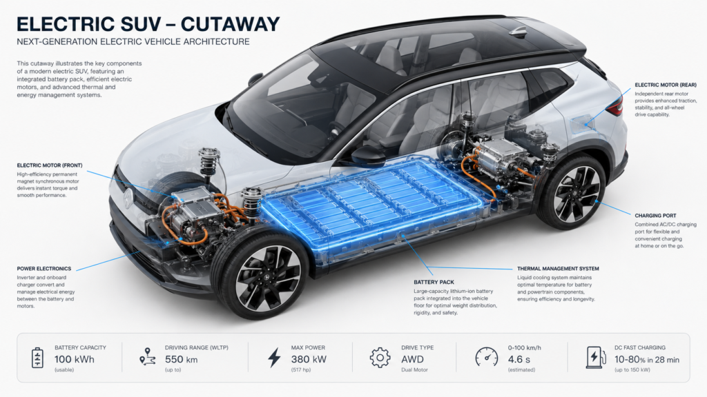 Esquema de la batería de 98 kWh integrada en el suelo del
  Peugeot 3008 Long Range