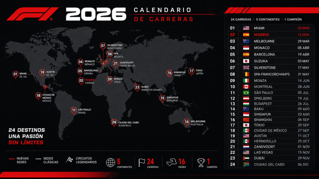 Mapa con el calendario de carreras de Fórmula 1 2026 y sus
  circuitos destacados