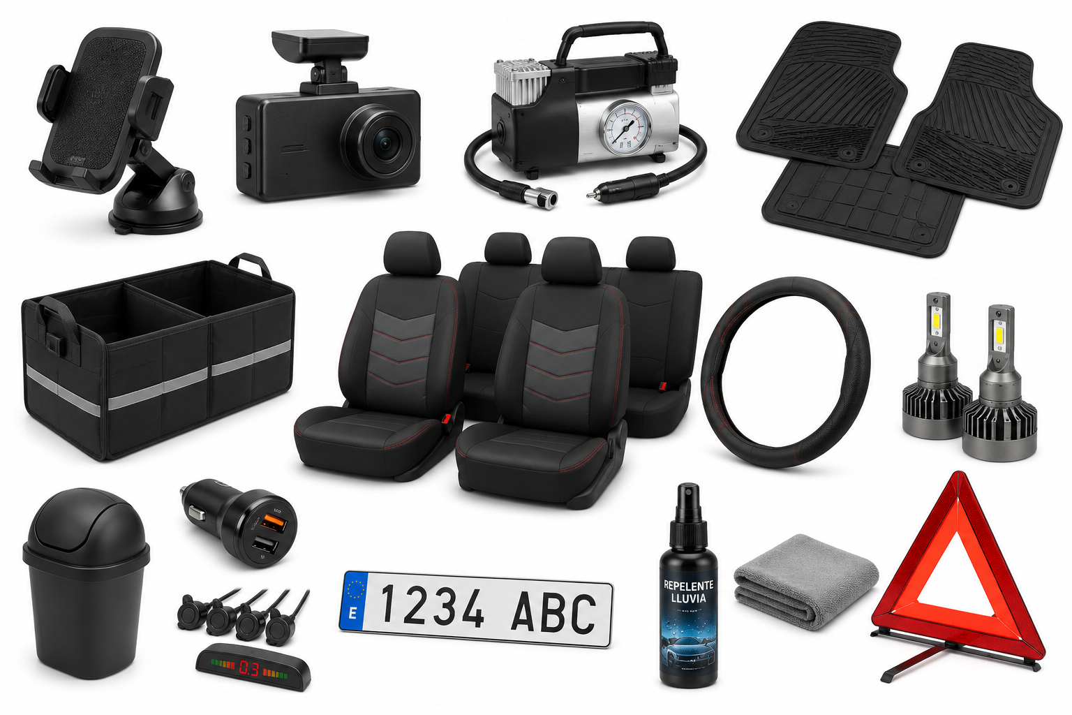 Interior de coche con varios gadgets y accesorios para viajes de verano sobre el asiento del copiloto