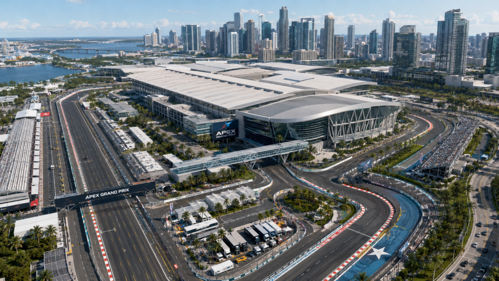 Vista aérea del nuevo circuito Madring de Madrid construido en
  torno al recinto ferial de IFEMA