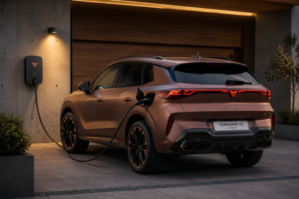 Cupra Terramar VZ cargando en un wallbox doméstico en un
  garaje particular