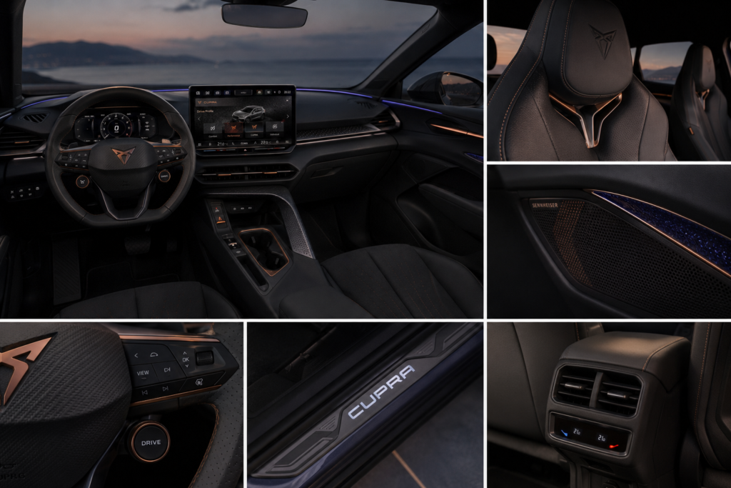 Interior deportivo del Cupra Terramar VZ con asientos CupBucket
  y detalles en cobre