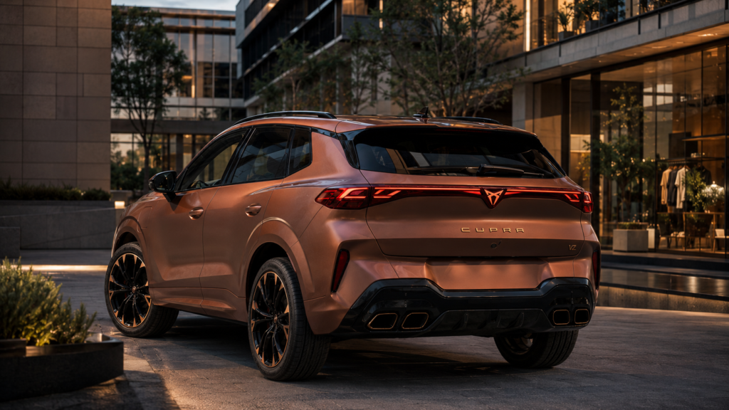 Vista trasera del Cupra Terramar VZ con su luz trasera continua
  en un entorno urbano
