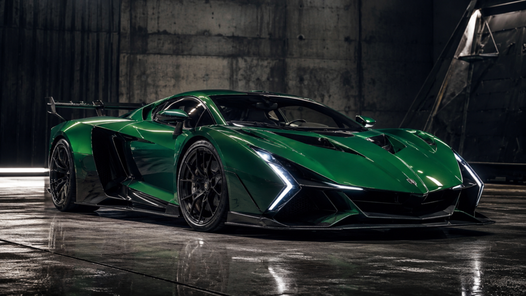 Lamborghini Fenómeno de color verde clásico en plano tres cuartos delantero mostrando su diseño angular extremo