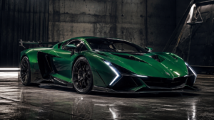 Lamborghini Fenómeno de color verde clásico en plano tres cuartos delantero mostrando su diseño angular extremo