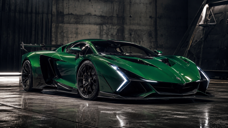 Lamborghini Fenómeno de color verde clásico en plano tres cuartos delantero mostrando su diseño angular extremo