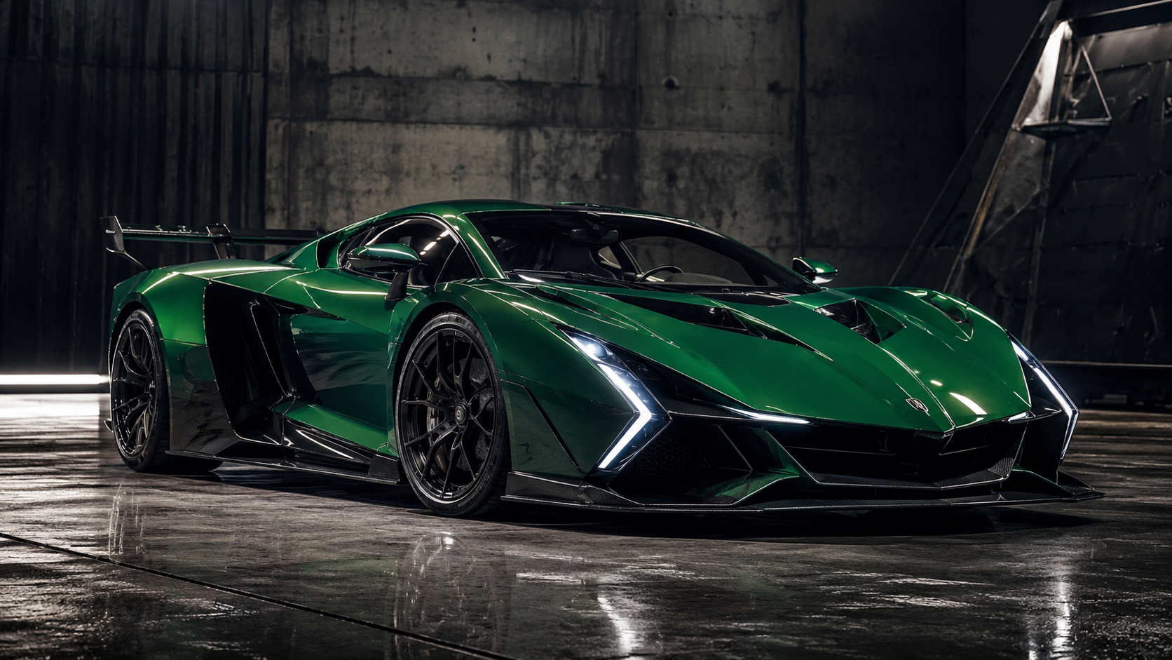 Lamborghini Fenómeno de color verde clásico en plano tres cuartos delantero mostrando su diseño angular extremo