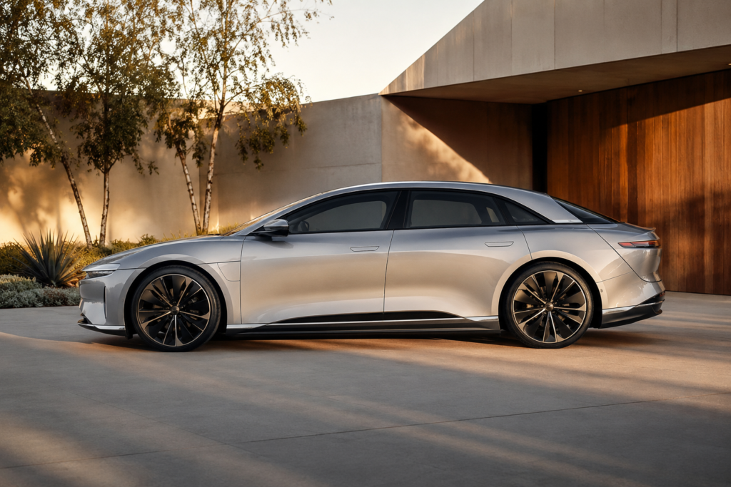Lucid Air Grand Touring eléctrico plateado, el coche con mayor
  autonomía de 2026