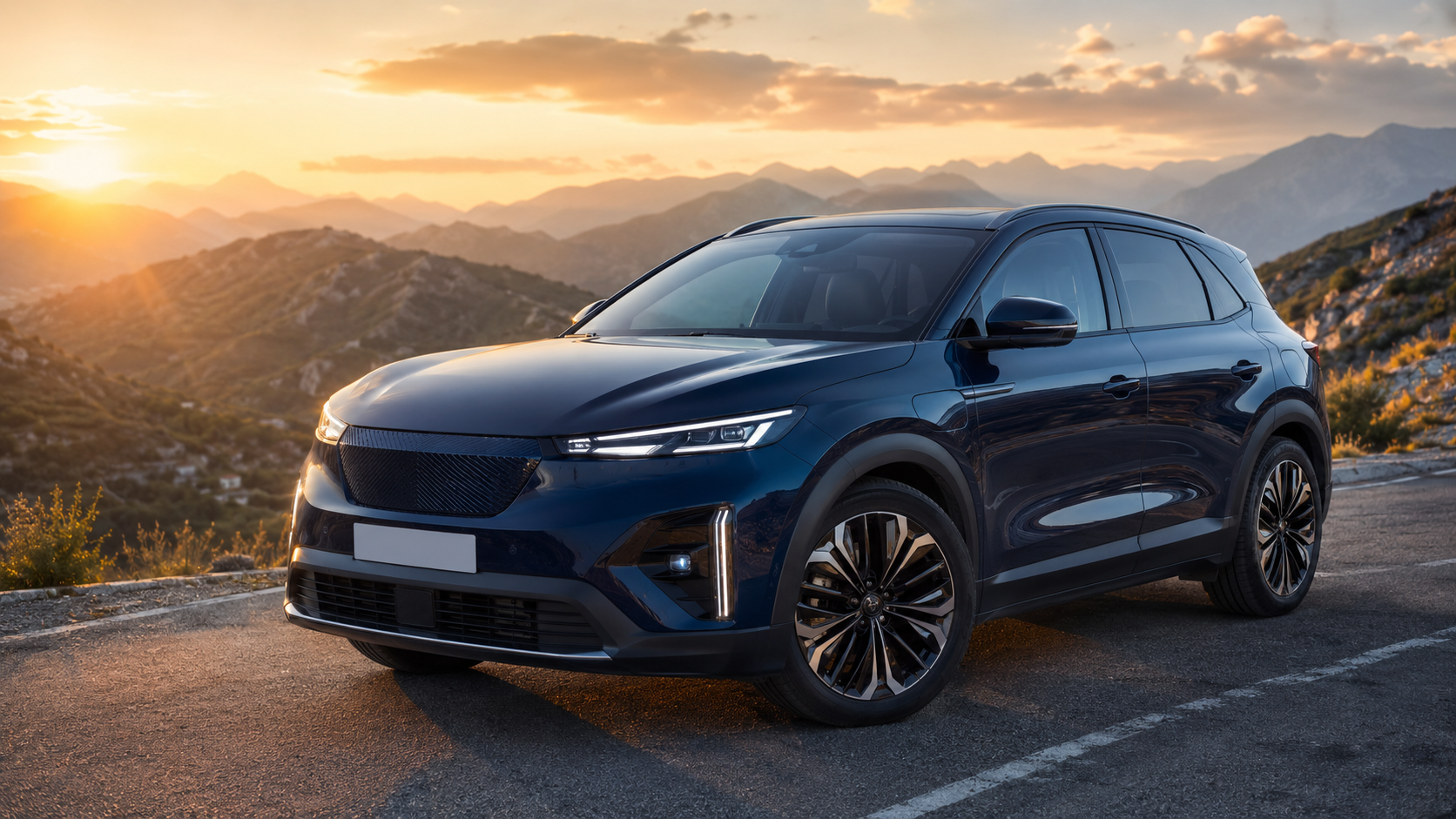 Peugeot 3008 Long Range eléctrico de color azul oscuro en una carretera de montaña al atardecer