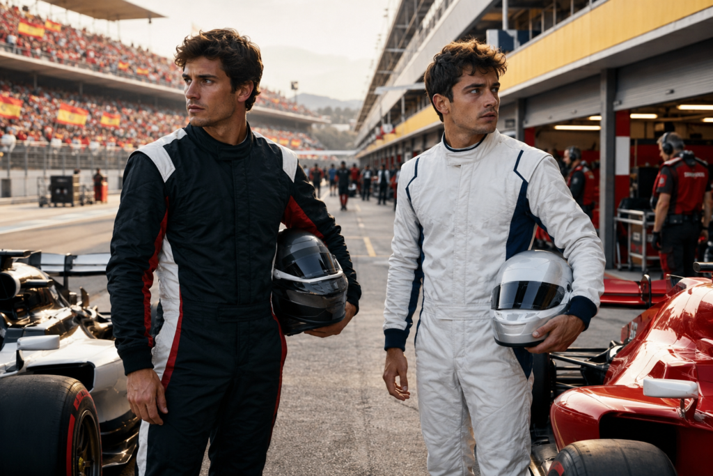 Pilotos de Fórmula 1 junto a sus monoplazas en el pit lane antes del GP de España