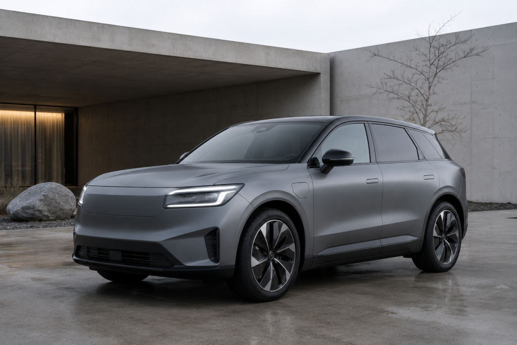 Polestar 3 Long Range eléctrico gris frente a un edificio de
  diseño minimalista