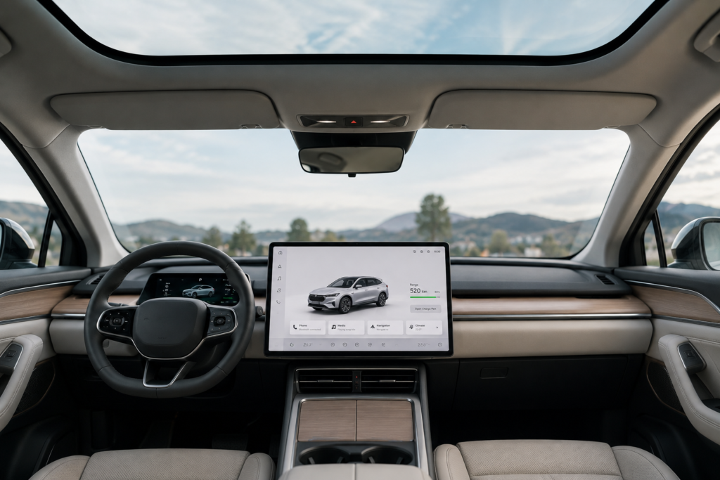 Equipamiento interior de un SUV eléctrico con pantalla central
  y techo panorámico