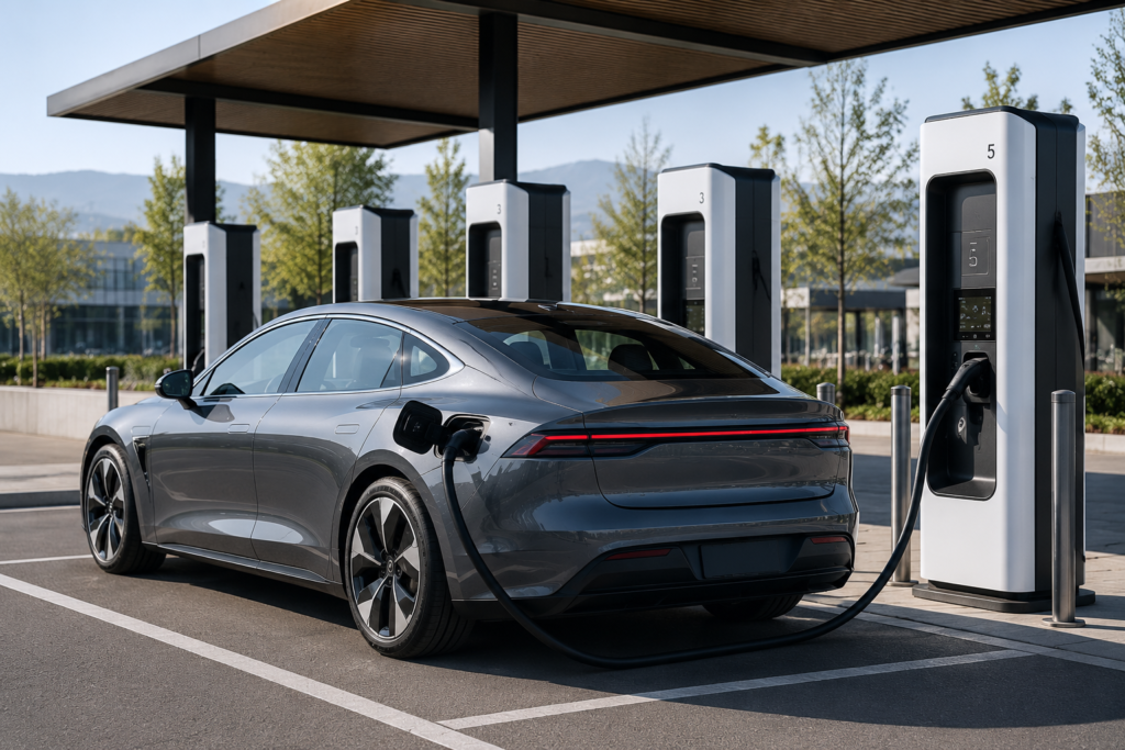 Tesla Model S Long Range cargando en una estación de carga
  rápida