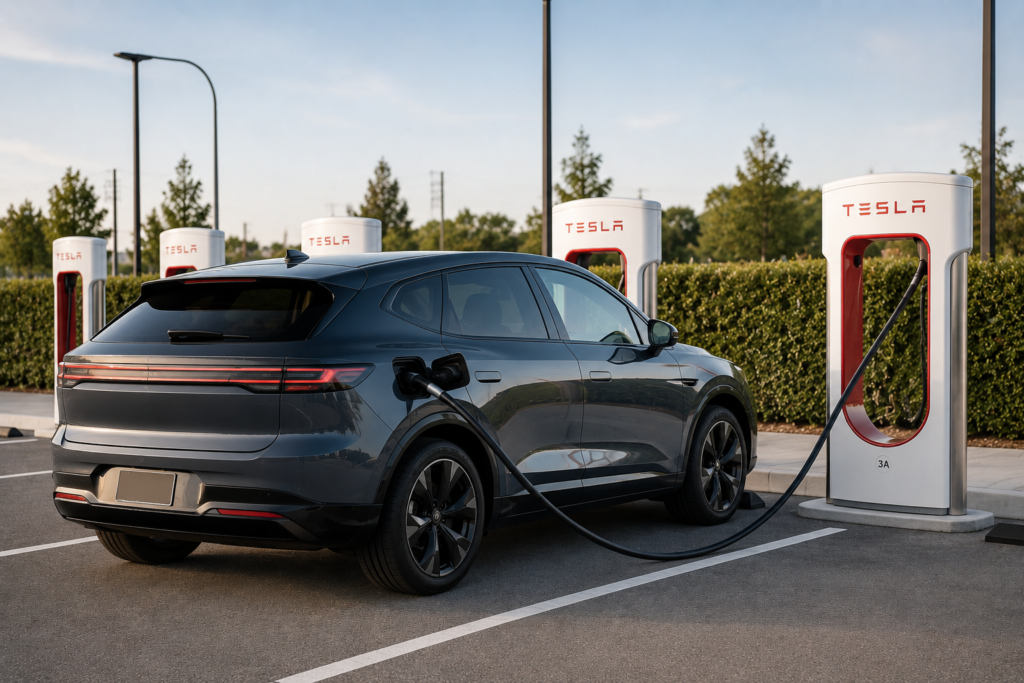 Tesla Model Y cargando en una estación Supercharger con varios
  puestos de carga