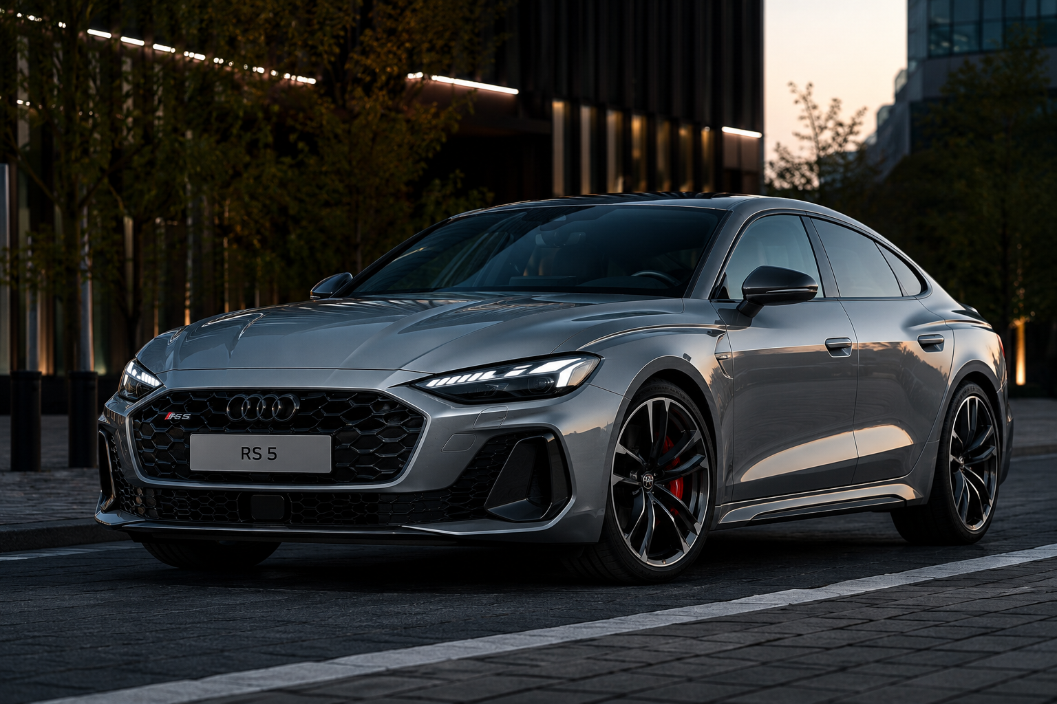 Audi RS 5 2026 híbrido enchufable gris metalizado, berlina fastback deportiva, en un entorno urbano