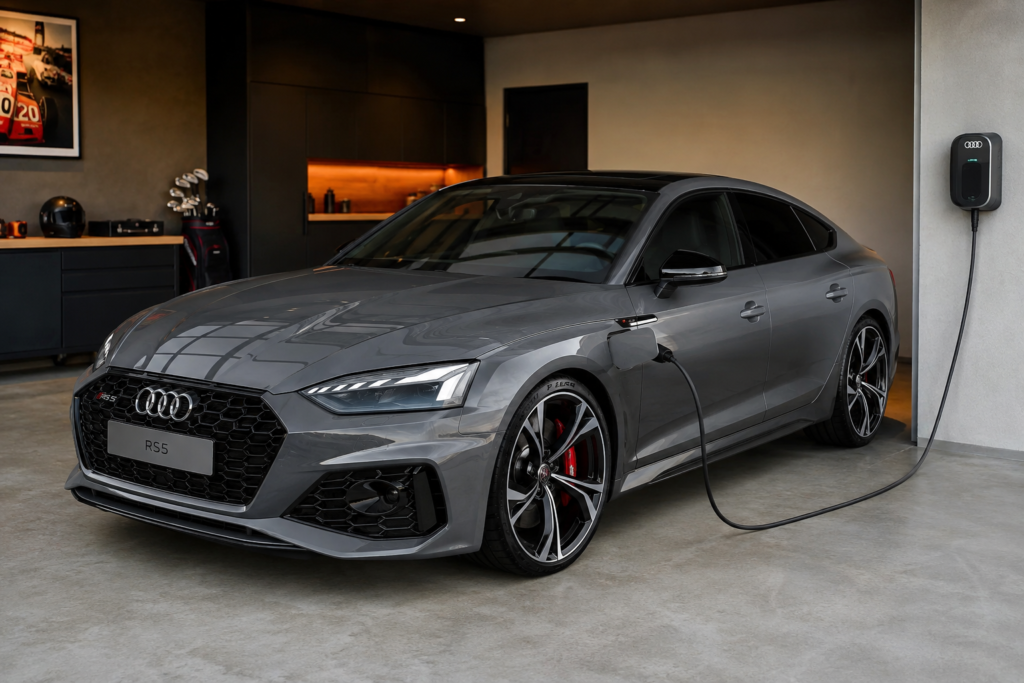Audi RS 5 2026 cargando en un wallbox doméstico, con etiqueta
  CERO de la DGT