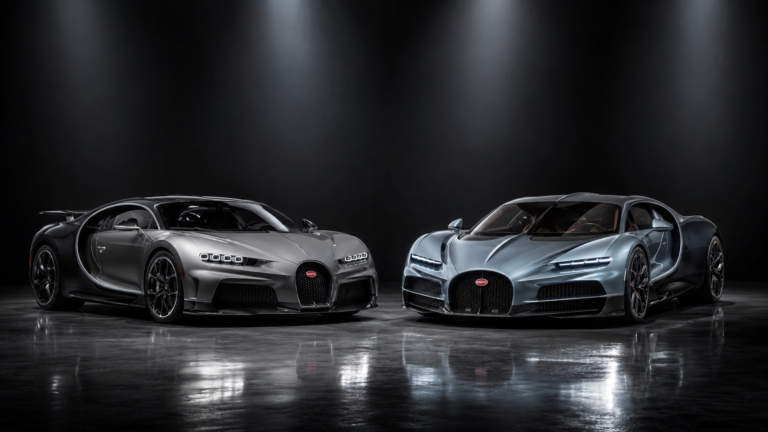Comparativa generacional entre el Bugatti Chiron Super Sport y el Tourbillon en un estudio oscuro