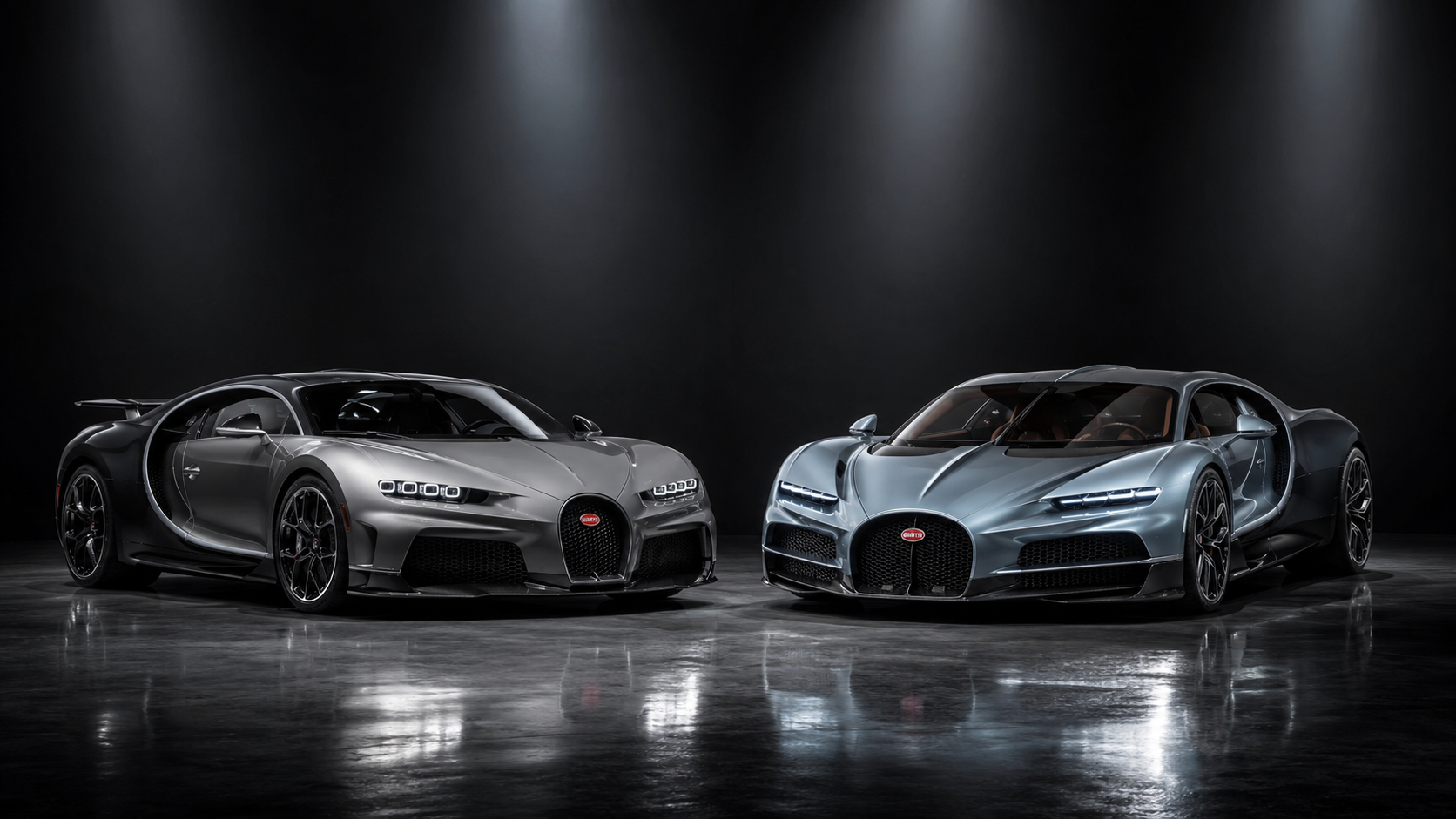 Comparativa generacional entre el Bugatti Chiron Super Sport y el Tourbillon en un estudio oscuro