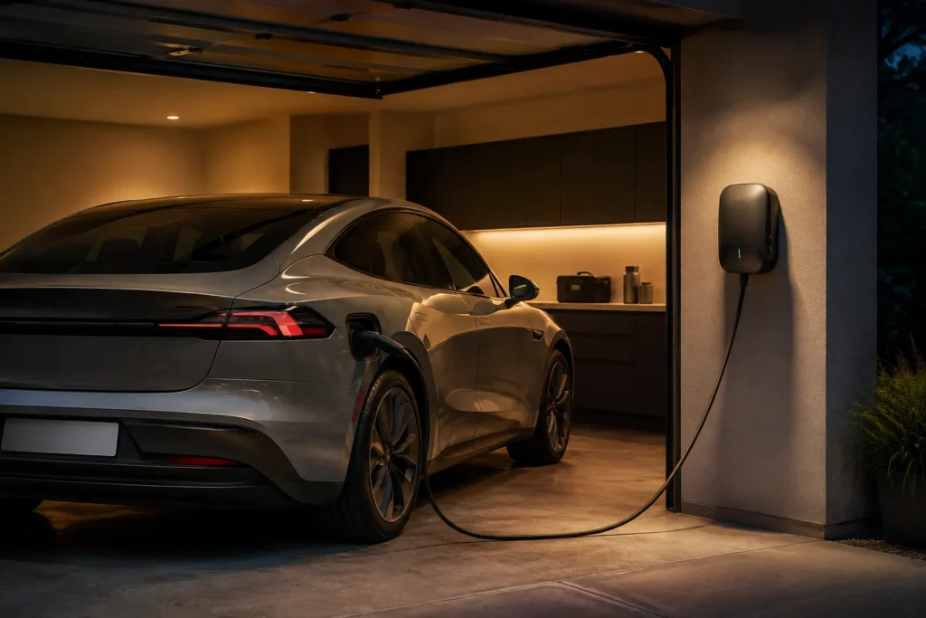 Coche eléctrico cargando en un punto de recarga doméstico dentro de un garaje
