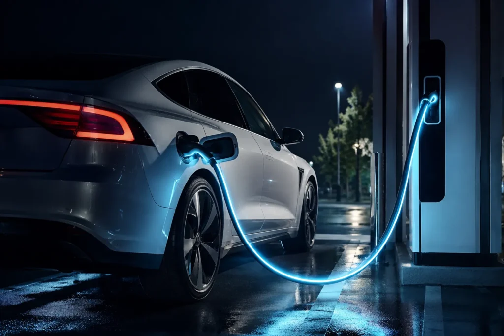 Coche eléctrico cargando en un punto de carga rápida, el factor que más acelera la degradación