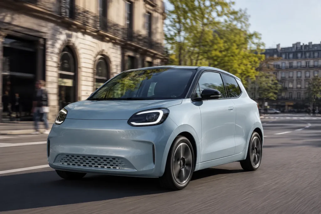 Coche eléctrico urbano circulando por una calle de ciudad
