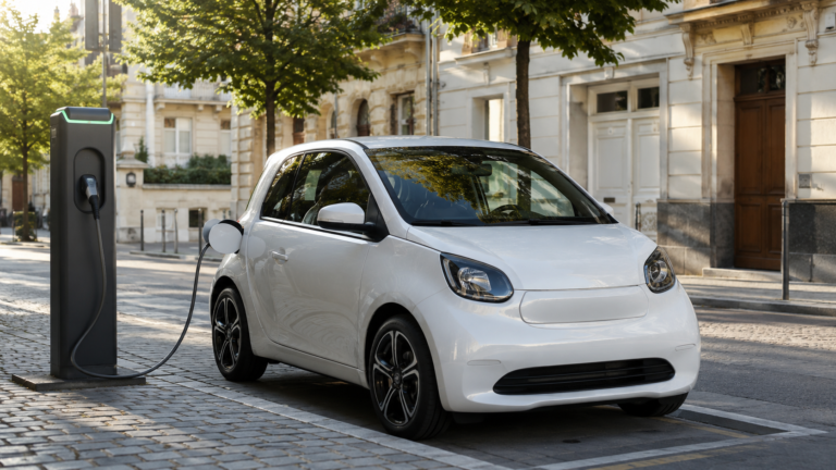 Coche eléctrico urbano blanco conectado a un punto de recarga en una calle europea