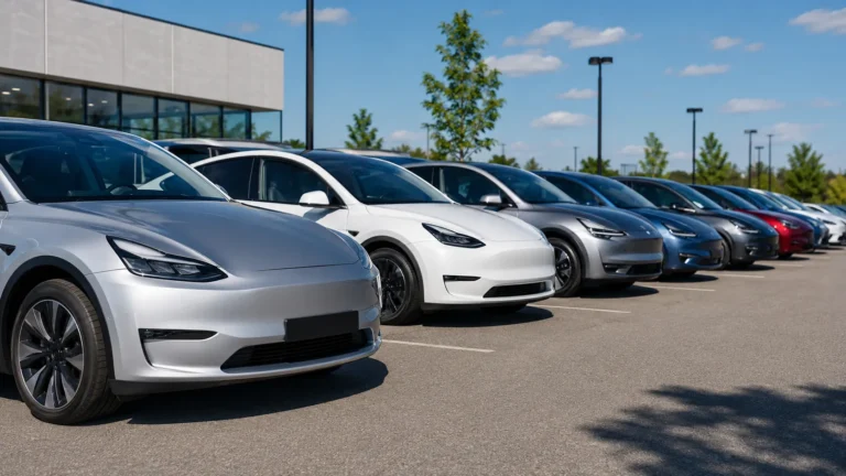 Fila de coches eléctricos de ocasión expuestos en la campa de un concesionario