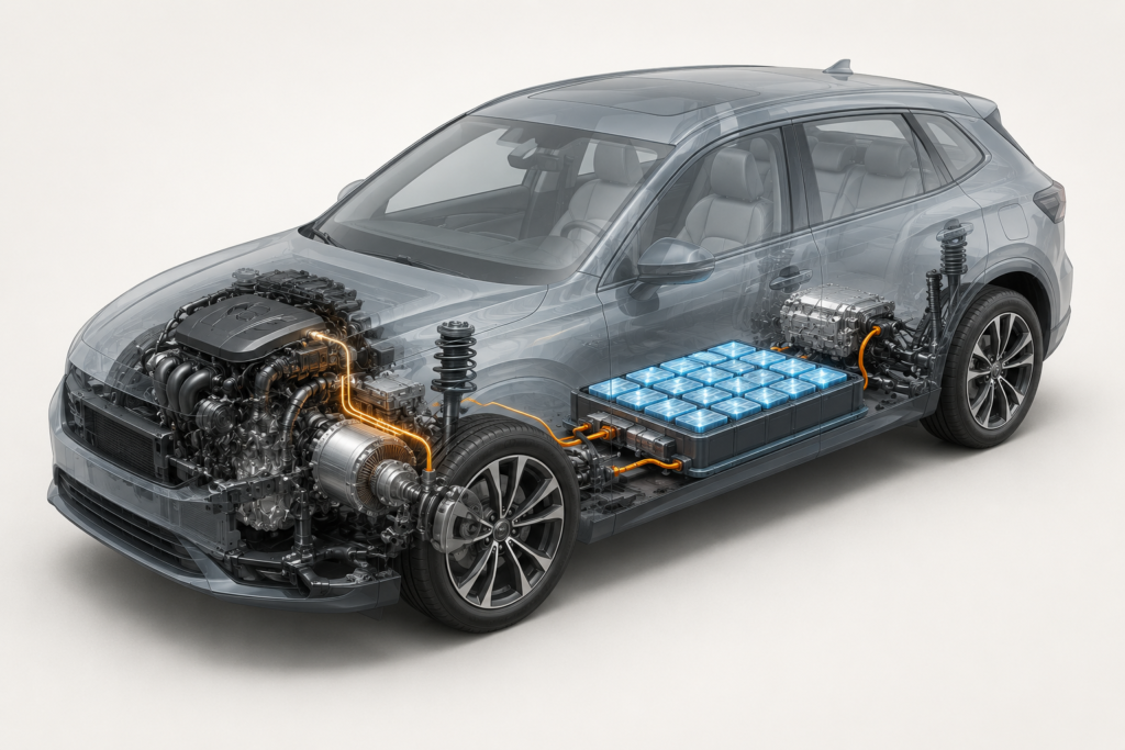 Esquema de un híbrido enchufable con motor de gasolina, motor eléctrico y batería