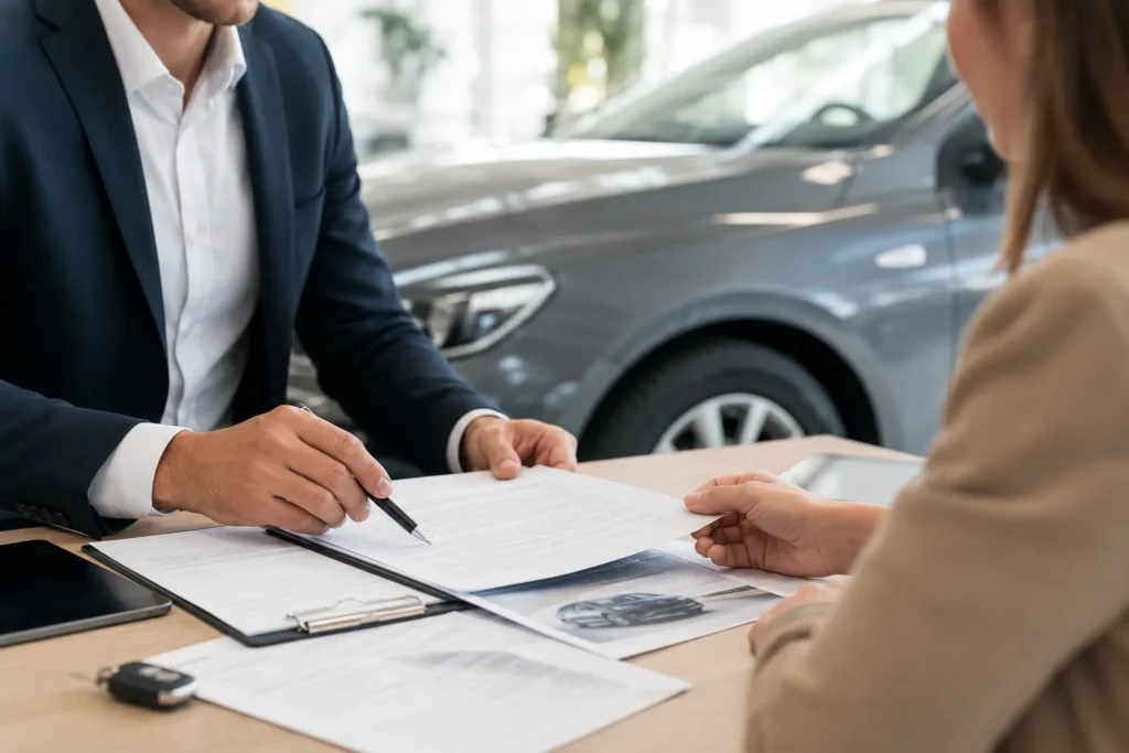 Comprador revisando la documentación de un coche de ocasión en un concesionario