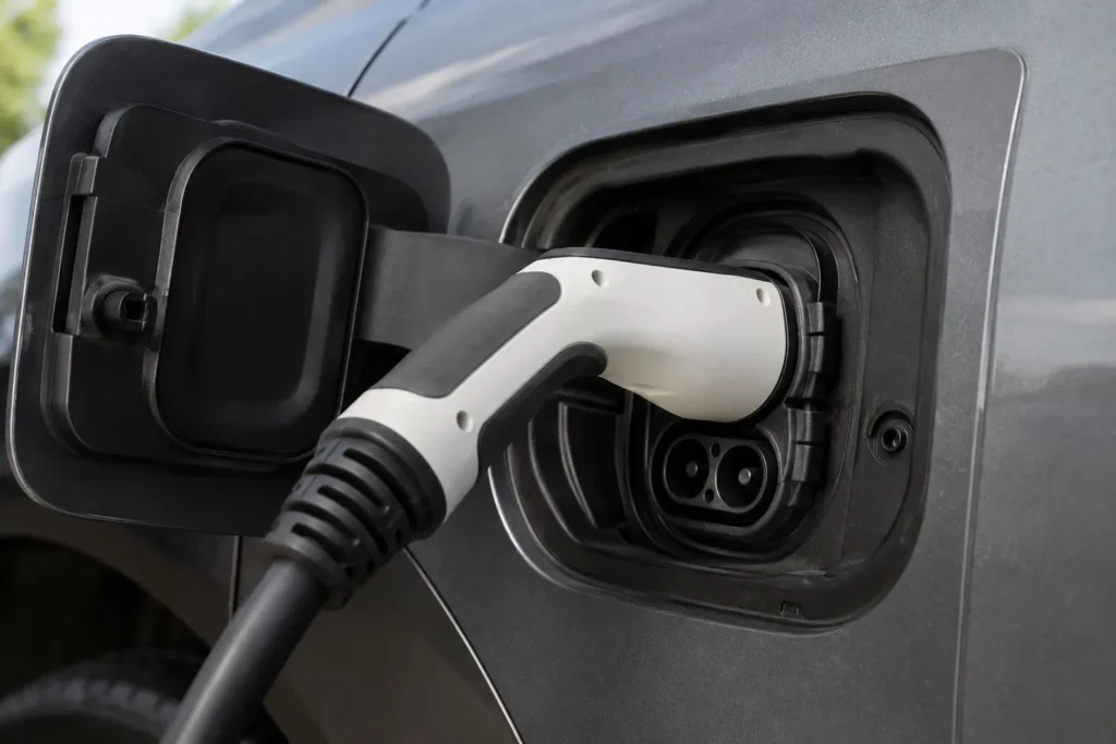 Conector de carga rápida en corriente continua enchufado a un coche eléctrico