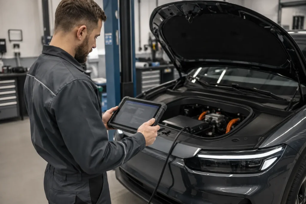 Técnico realizando un diagnóstico del estado de salud de la batería de un coche eléctrico

