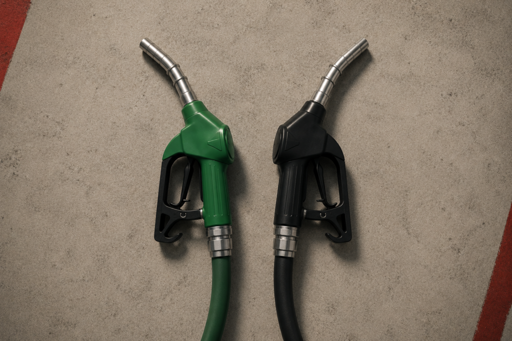 Comparación entre un surtidor de gasolina y uno de diésel
