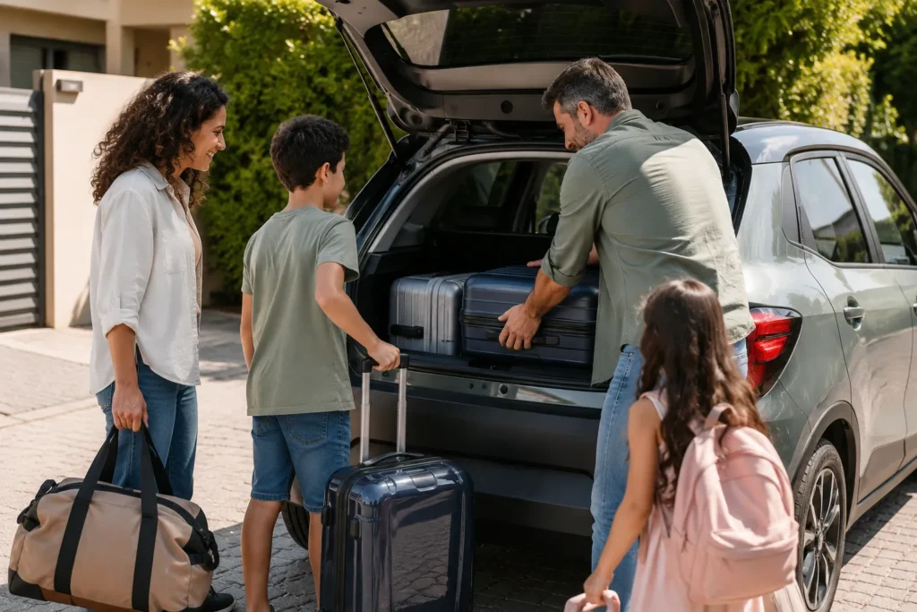 Familia cargando el maletero de un coche eléctrico antes de un viaje