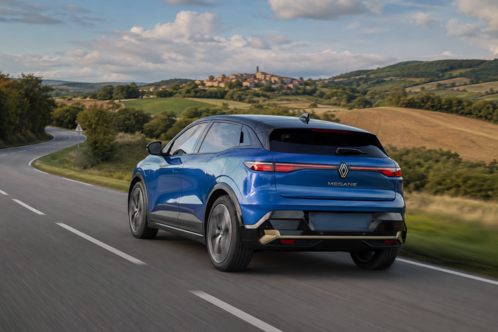Renault Mégane E-Tech 2026 circulando por carretera mostrando
su autonomía de 500 km