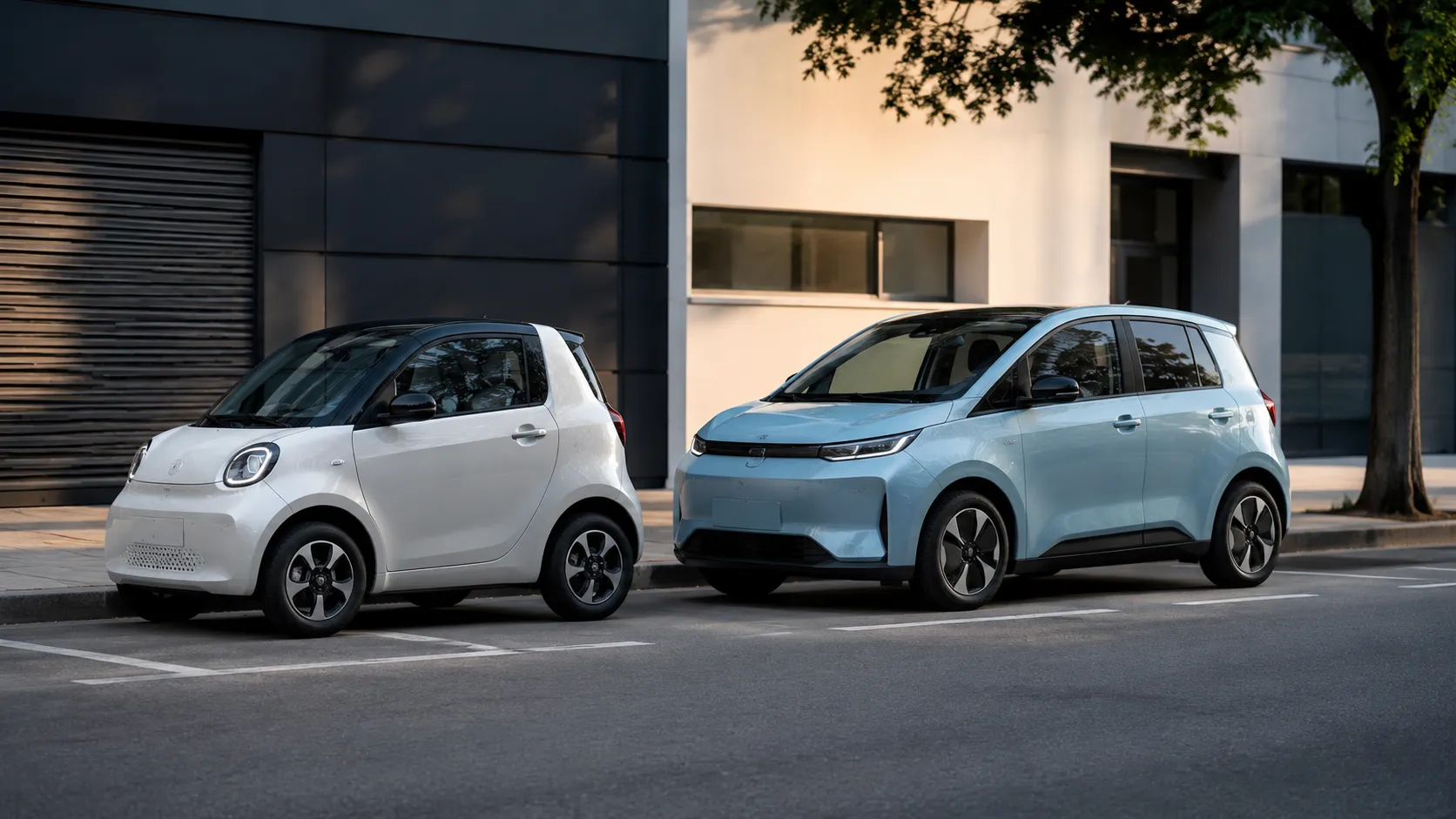 Dos coches eléctricos urbanos de distinto tamaño aparcados en una calle de ciudad