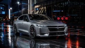 Nuevo Nissan Skyline 2026, sedán deportivo japonés plateado con pilotos traseros redondos, en una calle de Tokio de noche