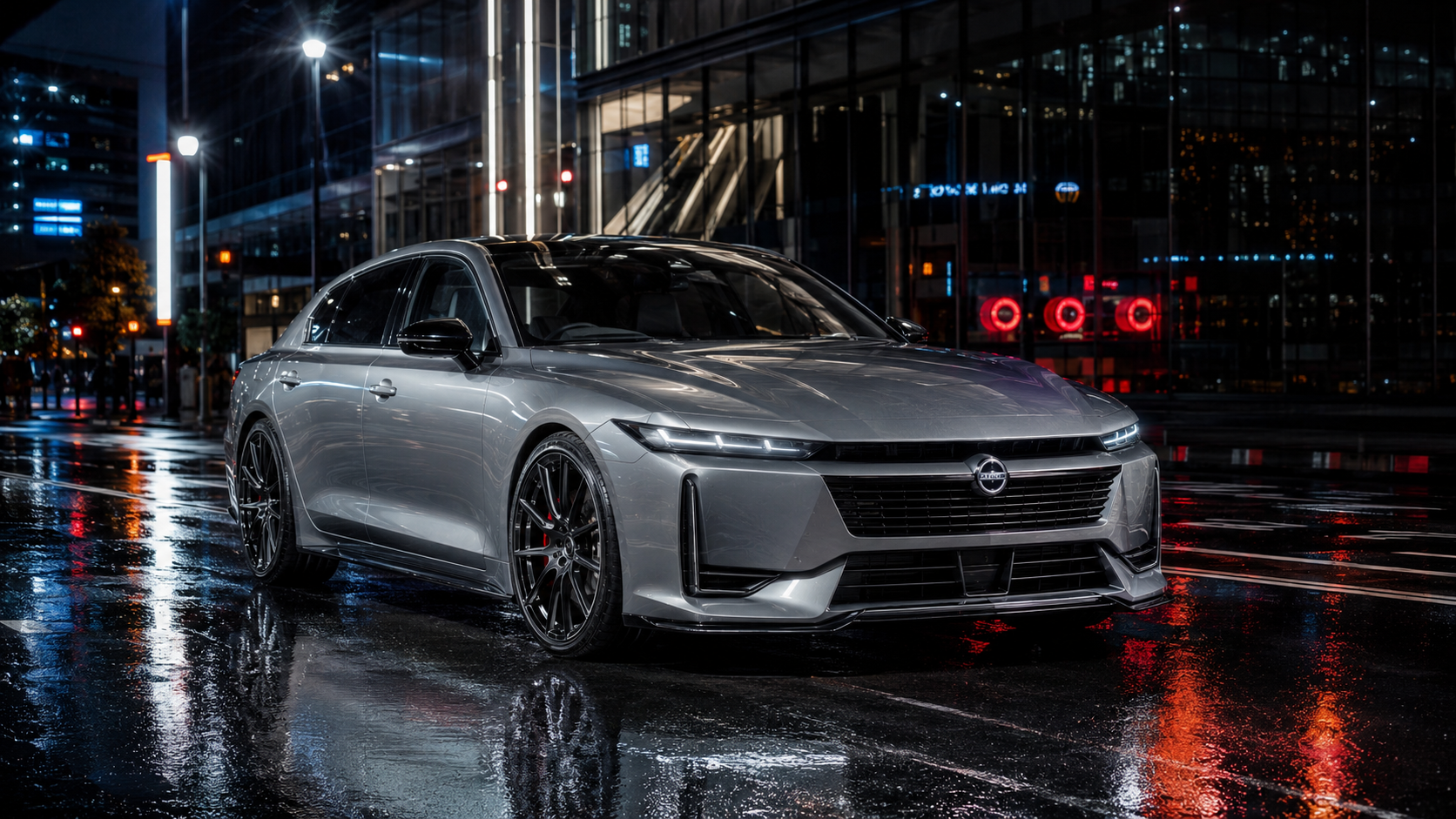 Nuevo Nissan Skyline 2026, sedán deportivo japonés plateado con pilotos traseros redondos, en una calle de Tokio de noche