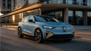 Renault Mégane E-Tech eléctrico 2026 azul claro con su frontal renovado en un entorno urbano