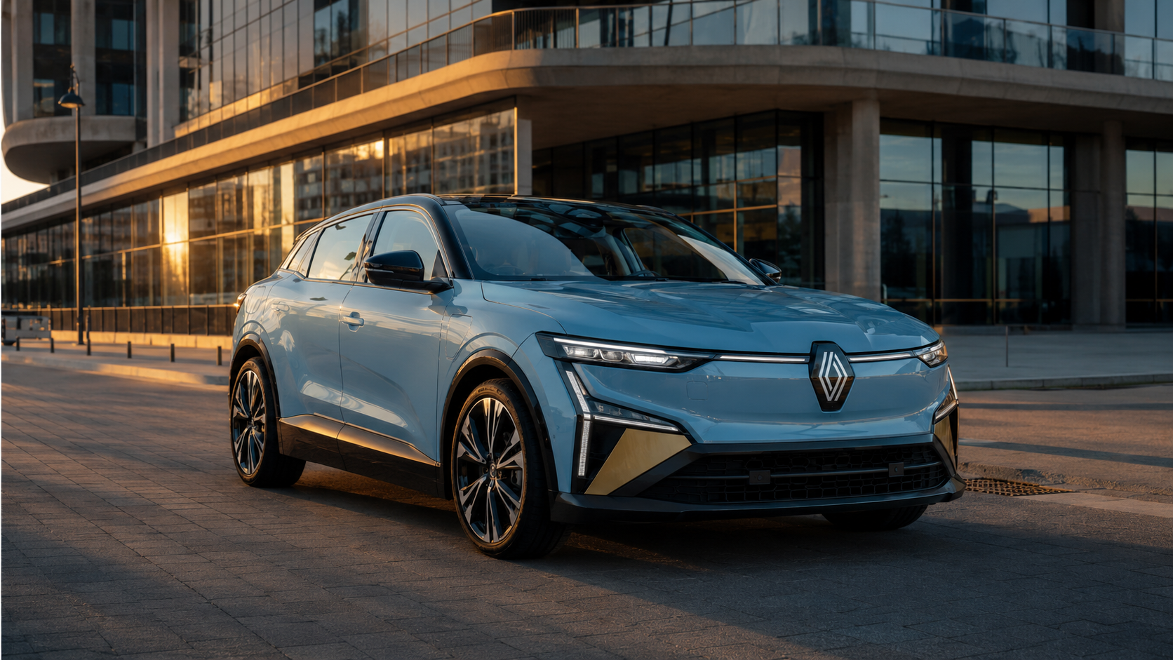 Renault Mégane E-Tech eléctrico 2026 azul claro con su frontal renovado en un entorno urbano
