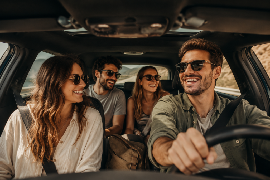 Cuatro pasajeros compartiendo coche y gastos en un viaje por carretera