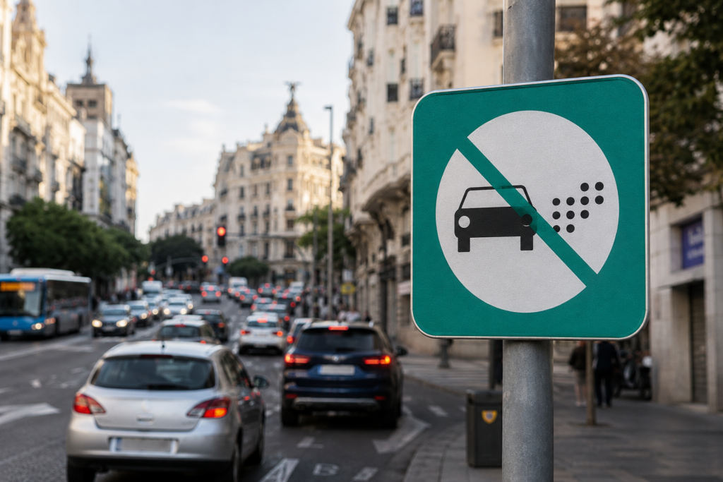 Señal de acceso a una zona de bajas emisiones en una ciudad española