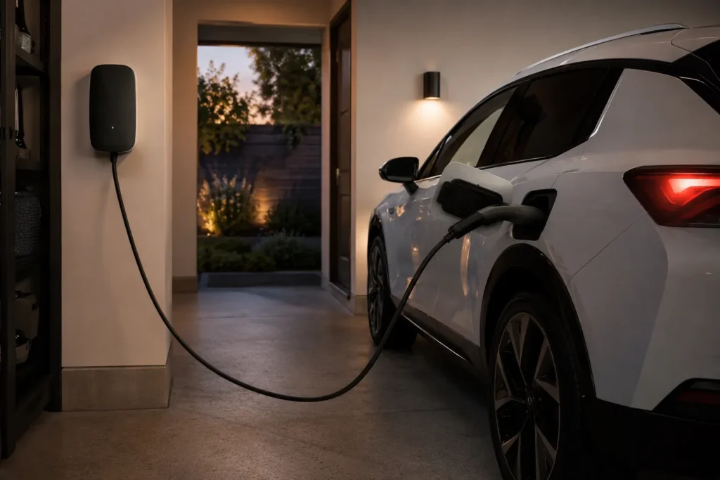 Coche eléctrico cargando en el garaje de una vivienda, el factor que más pesa en la decisión