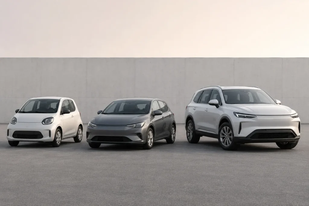 Distintos tipos de coche aparcados, representando las opciones de compra en 2026