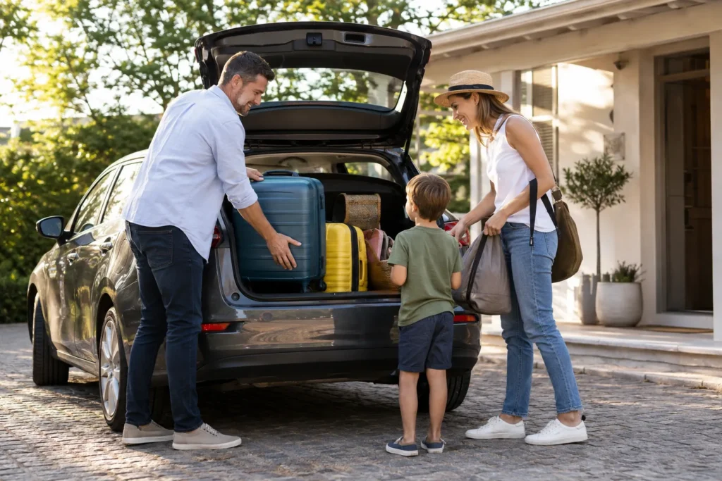 Familia cargando el maletero de un coche compacto antes de un viaje