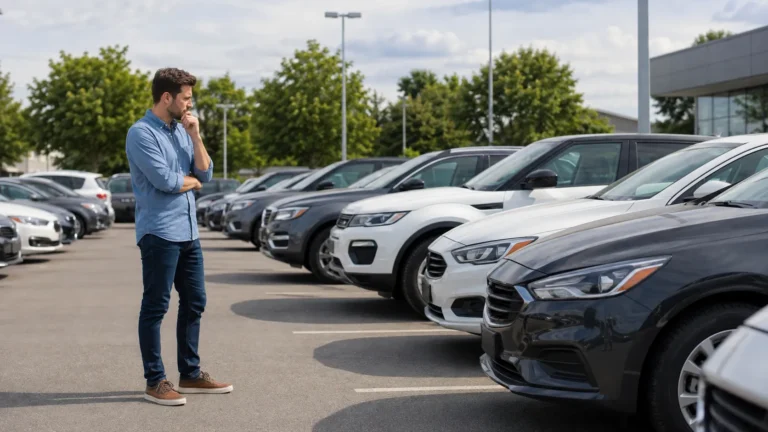 Comprador observando varios coches en un concesionario antes de decidir