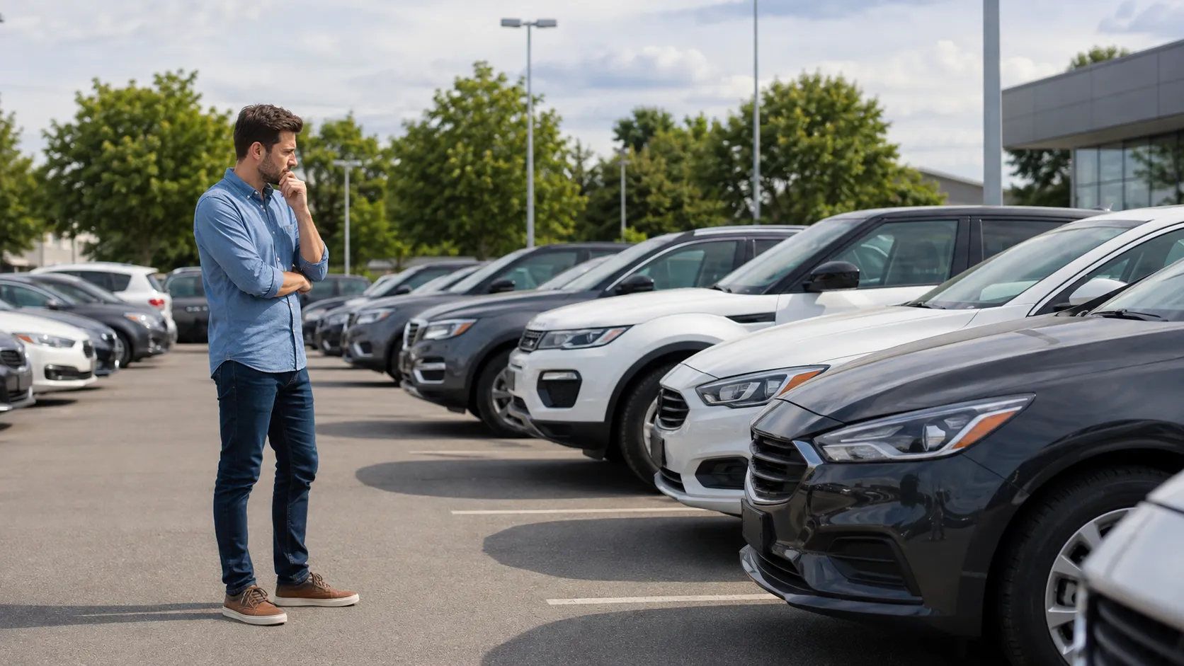 Comprador observando varios coches en un concesionario antes de decidir